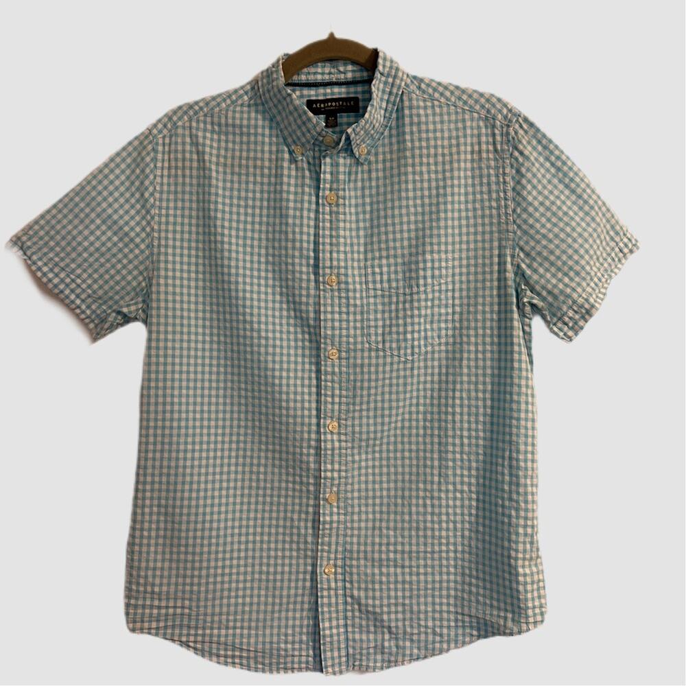 Aeropostale Men’s Turquoise Checked Short‎ Sleeve Button Down Shirt Size Small